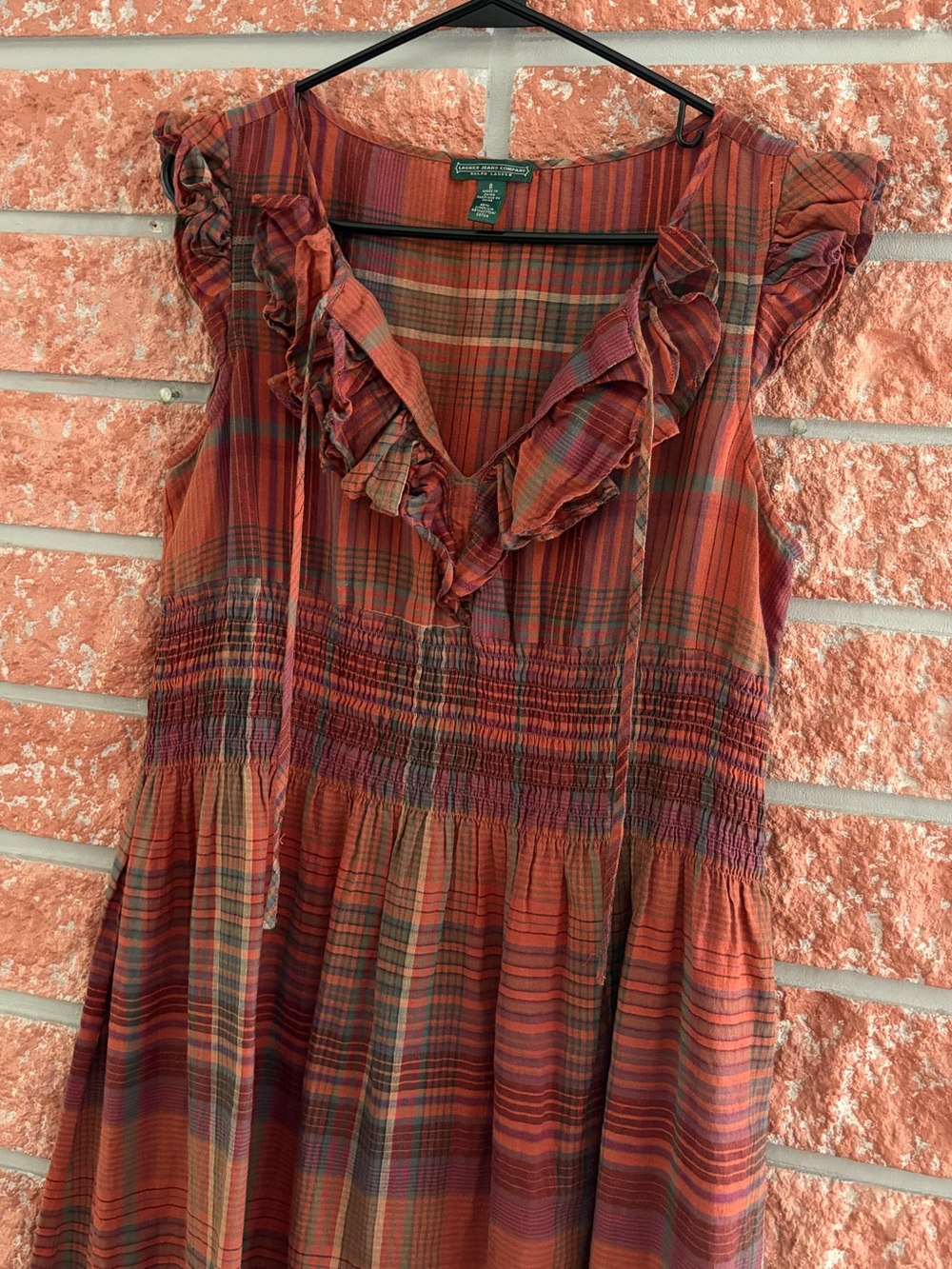Ralph Lauren Red Rust Plaid Ruffle V-Neck Dress - Picture 7 of 7